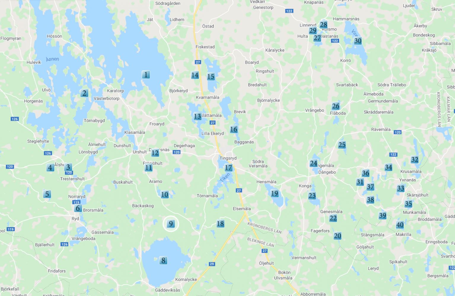 Karta över fiskevatten i Tingsryds kommun